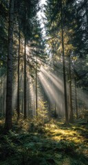 Naklejka premium Sunlight streams through a misty forest