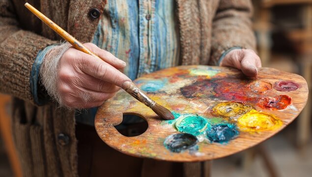 Close-up of artist's hands holding a palette with vibrant paint colors