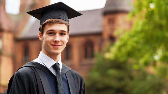 A young man in a graduation gown standing in front of a university building.