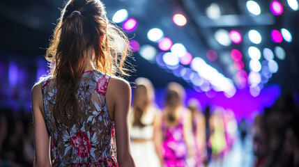 A model walks down a runway in a vibrant floral dress, with a blurred crowd of spectators in the background.