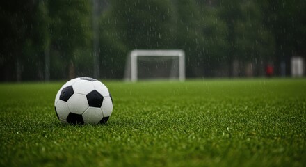 Football Resting on a Wet Green Field in the Rain with Goal in Background Promoting Sports and Recreation