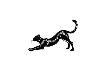 Fototapeta premium A black silhouette of a cat in a playful stretch showcasing its agility and grace with a focus on its dynamic pose and sleek design