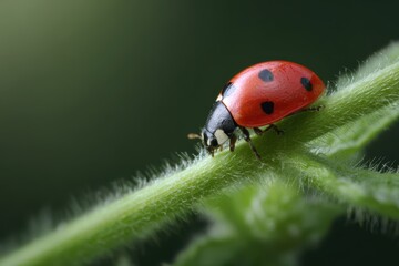 Obraz premium Close-up of a ladybug crawling on a fresh green stem with tiny hairs visible