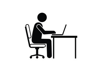 Fototapeta premium Vector illustration of silhouette of a person sitting at a desk and working on a laptop computer, isolated on white background