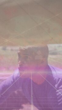 Animation of network of profile icons over african american fit man climbing at obstacle course
