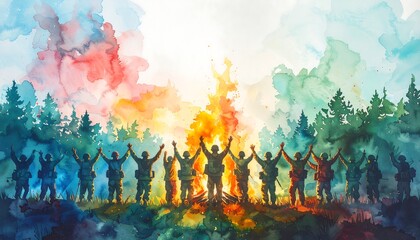 Soldiers united around a vibrant campfire