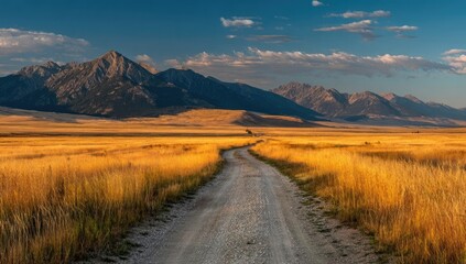Fototapeta premium Golden dirt road winds through a high-desert valley, mountains in the background bathed in golden light