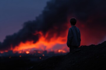 Obraz premium Child standing alone watching smoke rise from burning city