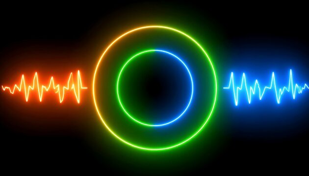 Neon concentric circles with vibrant, pulsating waveforms on a black background - Powered by Adobe