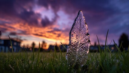 Frozen leaf sculpture in dewy grass, vibrant sunset