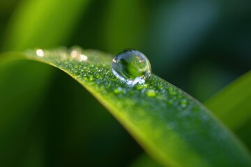 Extreme close-up of a dew drop resting on a green leaf with morning sunlight