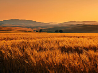 golden wheat field under vivid orange sunset with gently rolling hills in background, peaceful countryside scene captured on white background, soft shadows and warm glow

