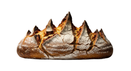 Aged golden-brown bread crust with rough, cracked texture and a jagged silhouette like a mountain range, centered on a transparent background, dramatic side lighting. Conceptual still life