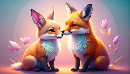 Fototapeta premium Two adorable fox cubs, close together, in a soft, pastel setting