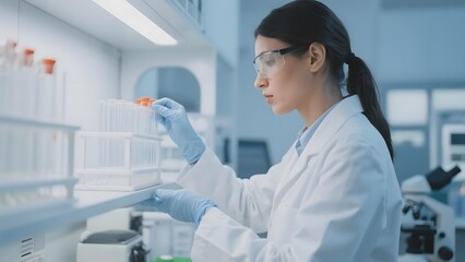 Scientist in a laboratory handling test tubes and wearing protective gear.