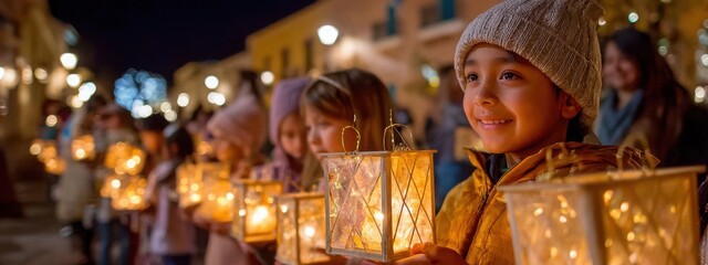 Children celebrate Las Posadas with lanterns on a festive nighttime street in Mexico