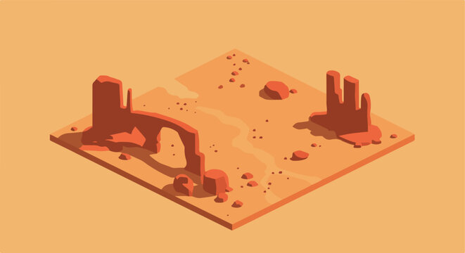Isometric desert map with canyons and rocks, against a tan background