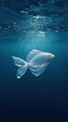 Plastic Bag Shaped Like Fish Floating in Ocean &ndash; Visual Metaphor for Marine Pollution