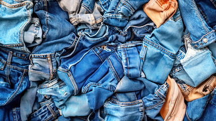 A pile of blue jeans with various shades and styles, scattered on a pile of other clothing items.
