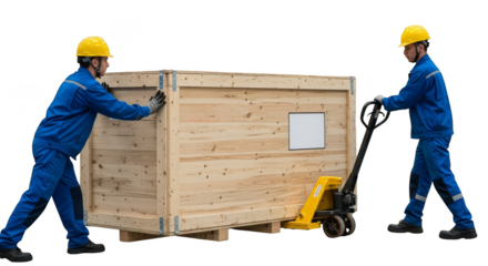 Workers move large wooden crate