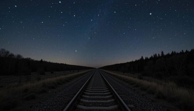 Train Tracks in the Night Sky with Stars
