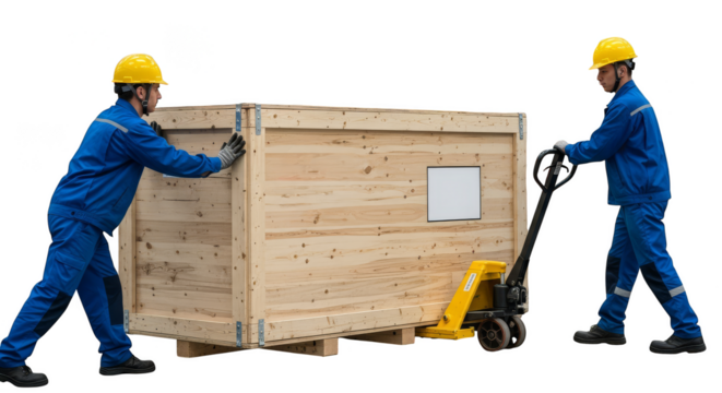 Workers move large wooden crate