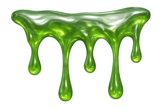 Viscous bright green slime dripping, forming gooey sticky texture against transparent background