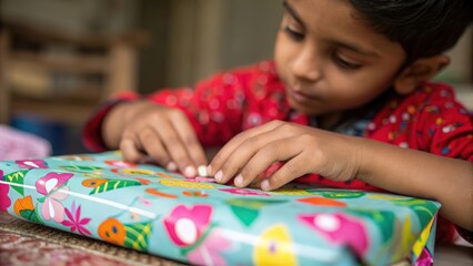 Fototapeta premium Extreme close-up of India child’s hands on wrapping paper — filled with curiosity and wonder 