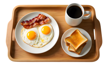 poached egg, bacon toasted bread and coffee on wooden tray as breakfast theme, in white transparent png background cutout
