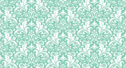 Wallpaper in the style of Baroque. White and green floral ornament. Seamless vector background. Graphic pattern for fabric, wallpaper, packaging. Ornate Damask flower illustration