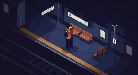 Couple hugging goodbye on a subway platform as train waits. Graphic for ads