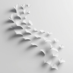 identical small paper shapes flying gently as if caught by wind, aligned in soft curve pattern with shadows, clean modern art look on white background