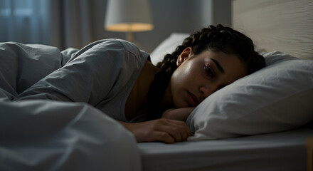Young woman lying in bed unable to sleep feeling depression at night