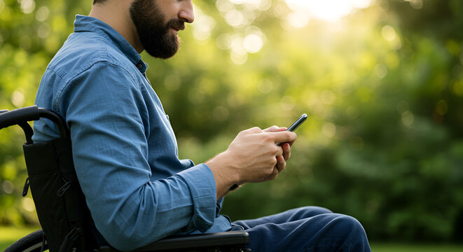Young man using smartphone while sitting in wheelchair in the park in summer