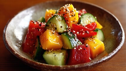 Colorful diced mango, cucumber, and red pepper salad, topped with sesame seeds, served in a bowl