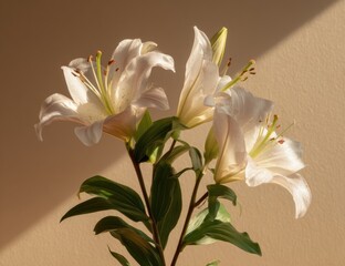 Naklejka premium Three delicate white lilies in soft sunlight against a beige background