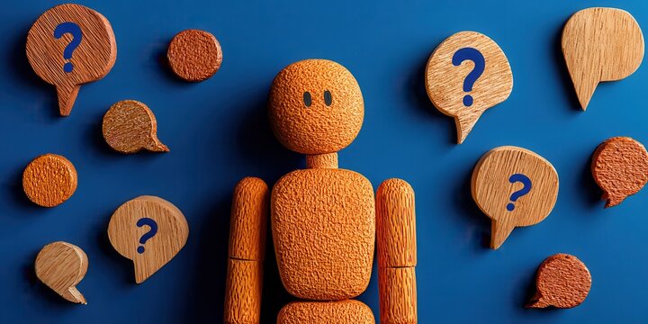 Mental health concept Wooden figure surrounded by question marks on a blue background.