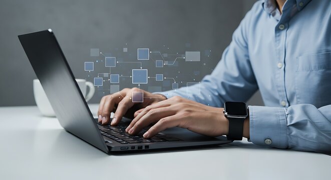 A person working on a laptop, hands typing, with abstract digital elements overlayed.