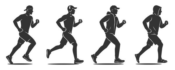 Set cartoon silhouette male engaging fitness and athletic activity. Bundle people doing running activity with various outfit. Flat vector illustrations healthy lifestyle. Gentleman athlete sprinting.