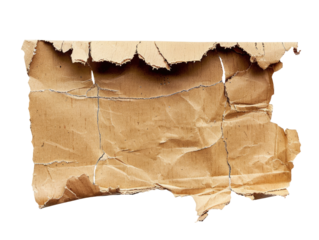 Torn, crumpled piece of light brown cardboard.  Rough texture,  irregular edges,  showing signs of use