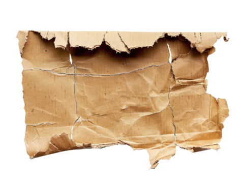 Torn, crumpled piece of light brown cardboard.  Rough texture,  irregular edges,  showing signs of use