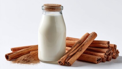 Glass milk bottle, cinnamon sticks, and powder