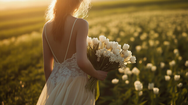 Woman holding white tulips in blooming field at golden hour - Powered by Adobe