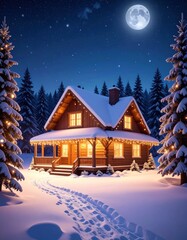 Fototapeta premium Snowy chalet at night (2)