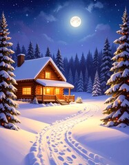 Snowy cabin under a full moon (2)