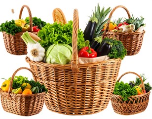 Several wicker baskets overflowing with fresh produce against a white background
