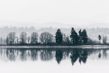 Calm winter landscape.  Silhouette trees line a frozen lake, mirrored perfectly