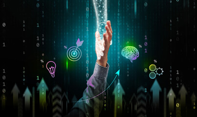 AI empowering human potential concept. Artificial intelligence's hand pulls a man's hand up to  help people grow, improve and achieve greater success in the digital era.