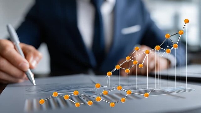 Business Analyst at Work: A sharp business analyst meticulously reviews financial graphs and charts, using a pen to highlight key points and strategize for future success.