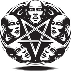 Intricate pentagram design featuring human faces expressing occult mystery and power, black and white graphic art